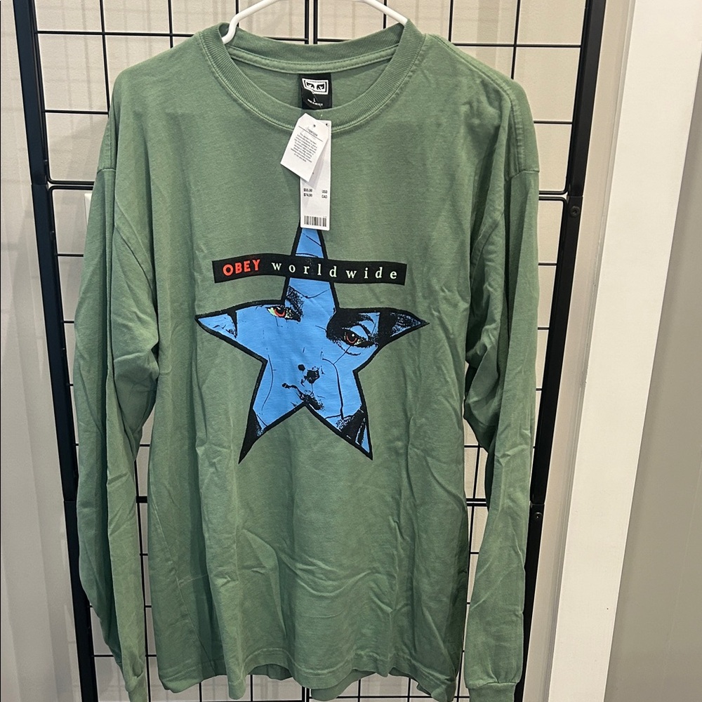 Obey Olive Green Star Graphic Long Sleeve Tee NWT